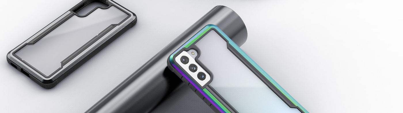 A Galaxy S21 Plus is covered with an iridescent case from Raptic.