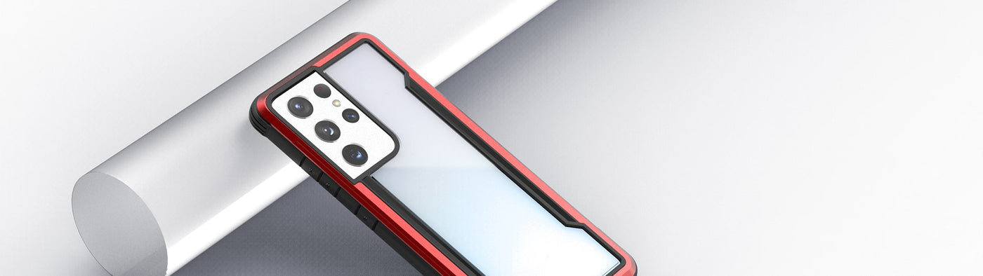 A Galaxy S21 Ultra is covered with a red case from Raptic.