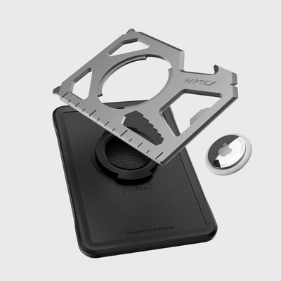 the multitool swiveling out of the wallet holder, along with the apple airtags snapped out of the housing.