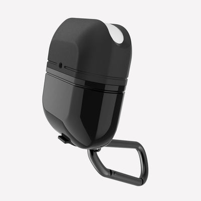 Soft silicone and TPU protective Case for AirPods with carabiner. Raptic journey in black.#color_black