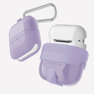 Soft silicone and TPU protective Case for AirPods with carabiner. Raptic journey in purple.#color_purple