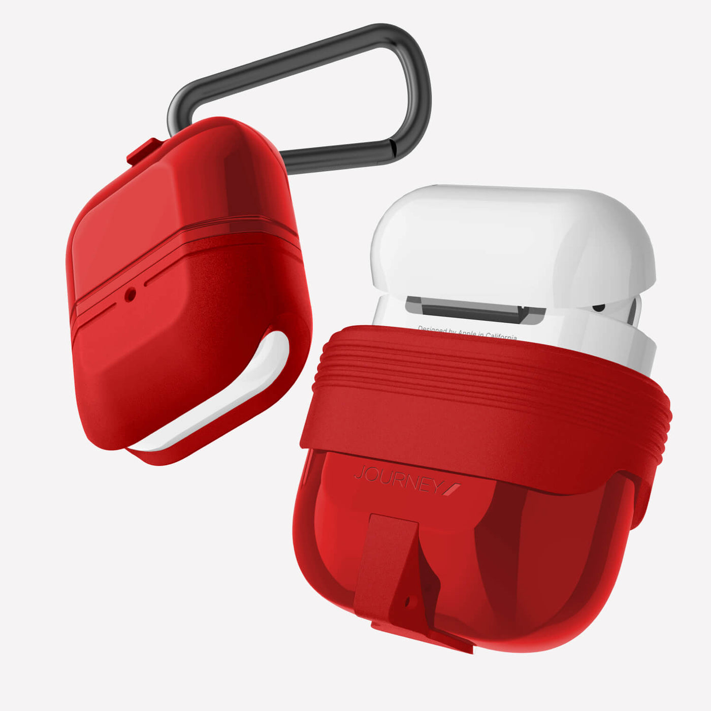 Soft silicone and TPU protective Case for AirPods with carabiner. Raptic journey in red.#color_red