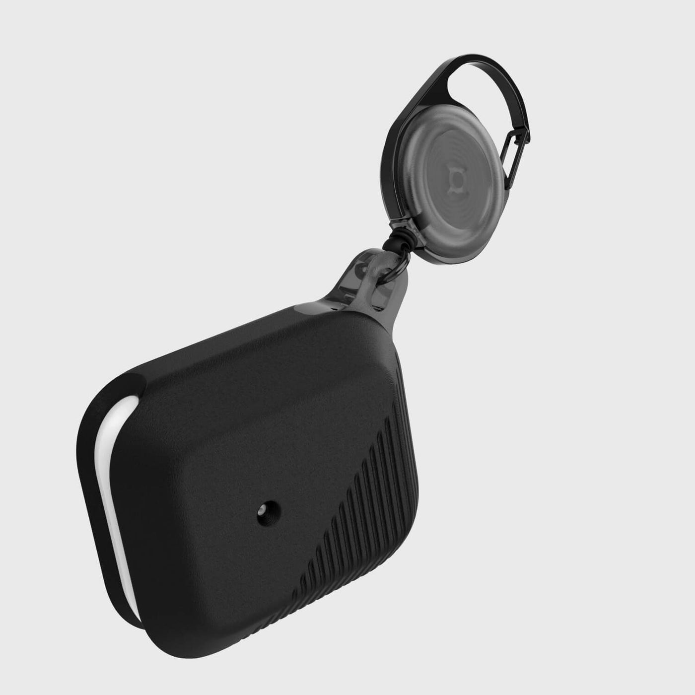 Soft silicone protective case for AirPods with retractable carabiner. Raptic radius in black.