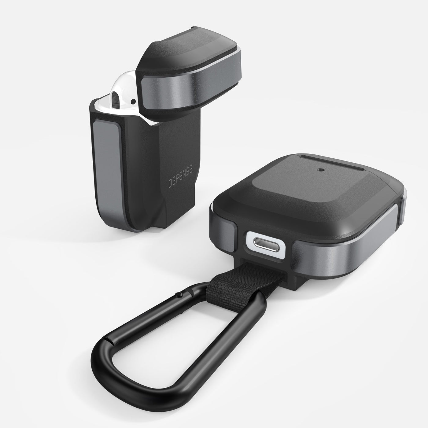 Anodized aluminum protective Case for AirPods with carabiner. Raptic trek in black.#color_black