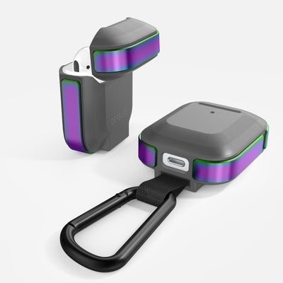 Anodized aluminum protective Case for AirPods with carabiner. Raptic trek in iridescent.#color_iridescent