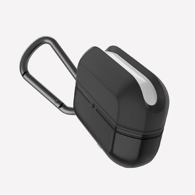 Soft silicone and TPU protective Case for AirPods Pro with carabiner. Raptic journey in black.#color_black