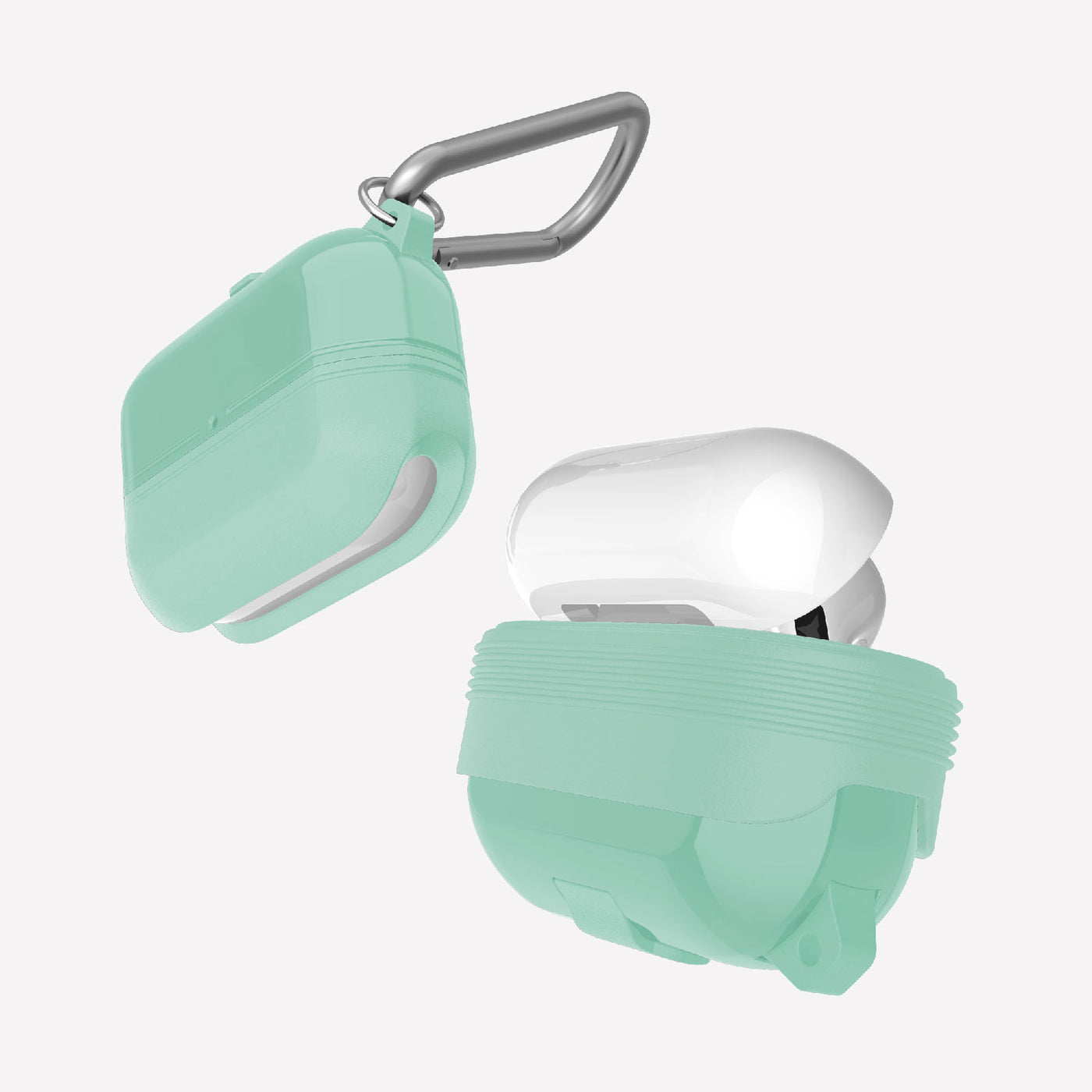 Soft silicone and TPU protective Case for AirPods Pro with carabiner. Raptic journey in mint.#color_mint