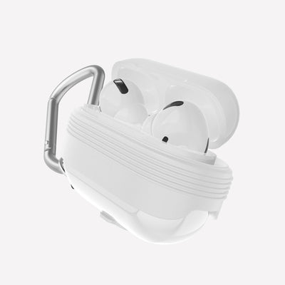 Soft silicone and TPU protective Case for AirPods Pro with carabiner. Raptic journey in white.#color_white