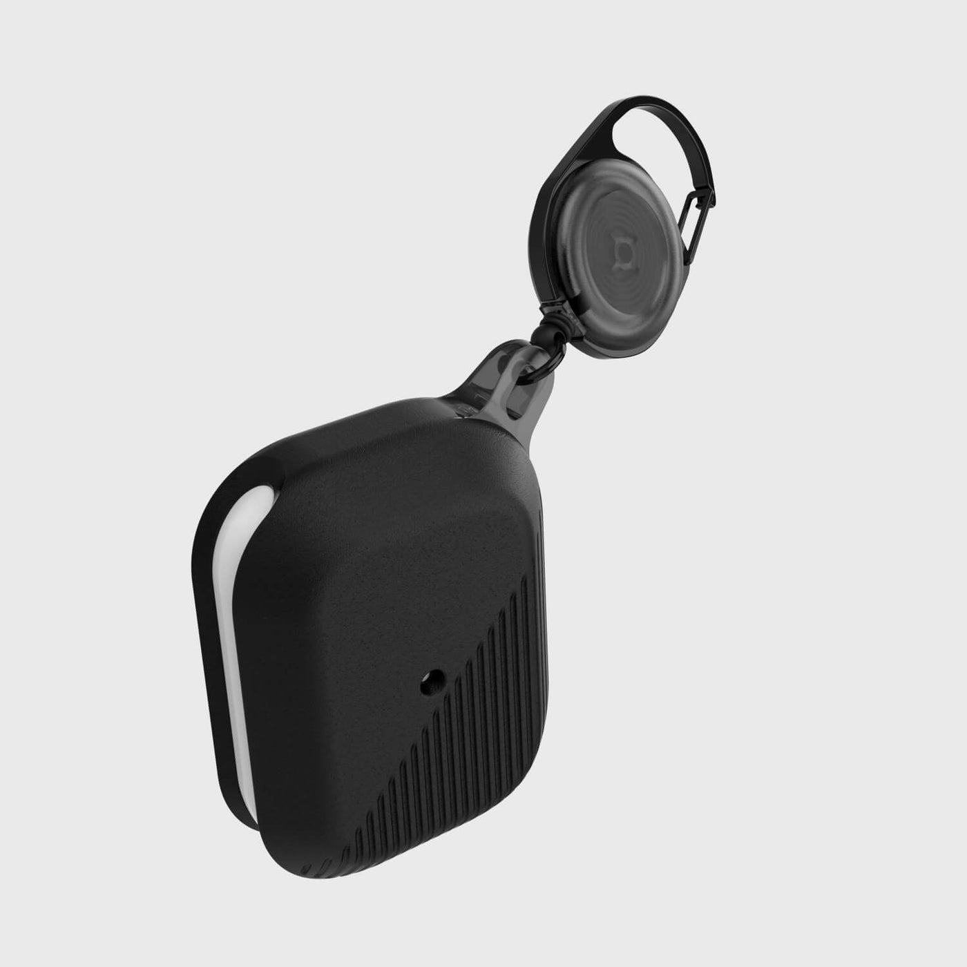 Soft silicone protective case for AirPods Pro with retractable carabiner. Raptic radius in black.