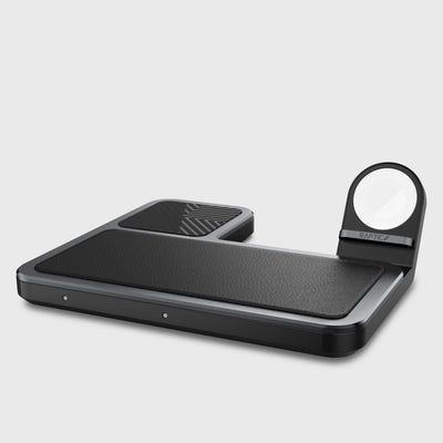 15W Wireless Qi Charger with 3 spots to recharge your iPhone, AirPods, and Apple Watch simultaneously. Raptic Trio in black. 