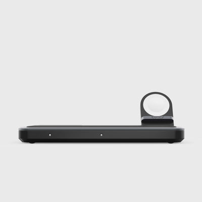15W Wireless Qi Charger with 3 spots to recharge your iPhone, AirPods, and Apple Watch simultaneously. Raptic Trio in black. 