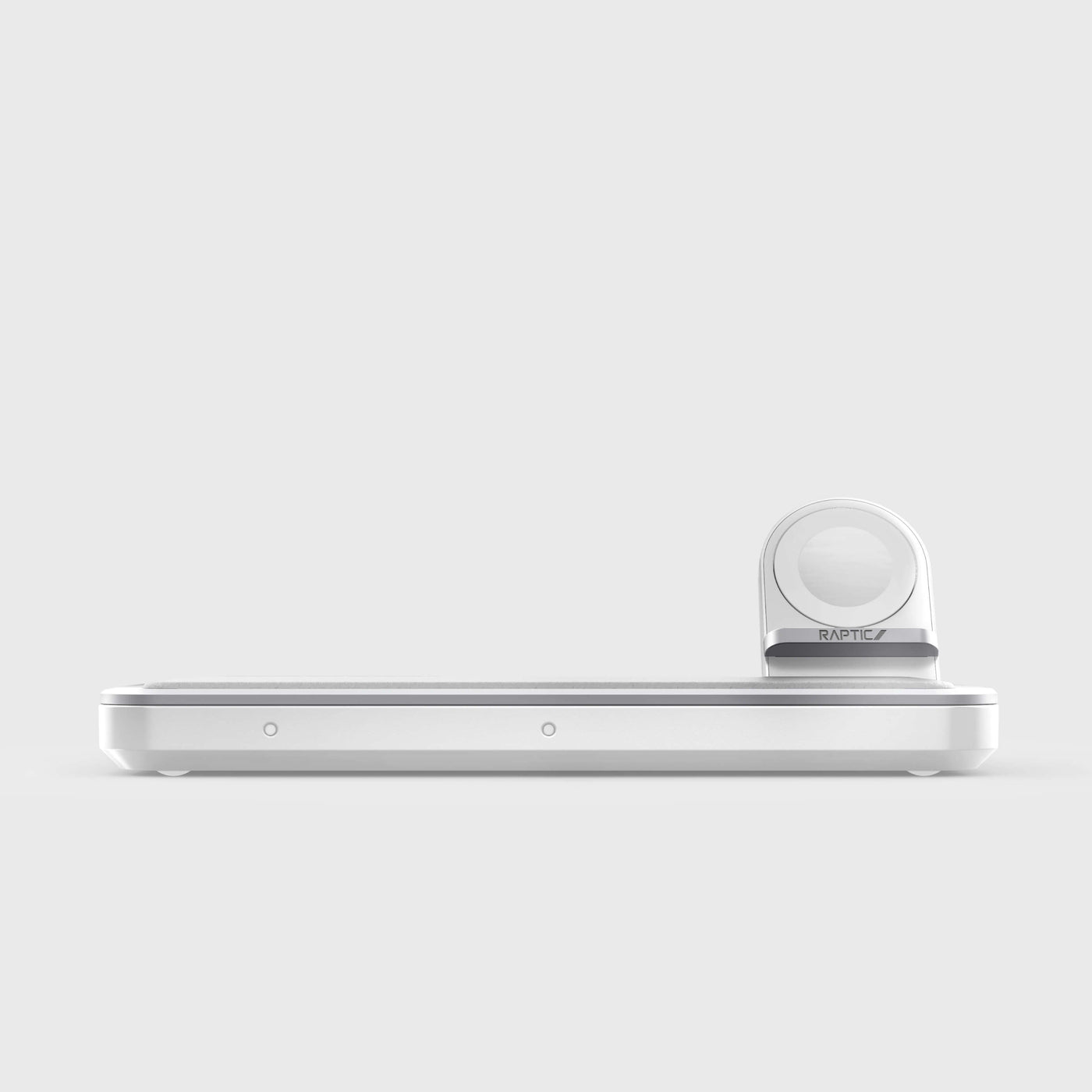 15W Wireless Qi Charger with 3 spots to recharge your iPhone, AirPods, and Apple Watch simultaneously. Raptic Trio in white. 