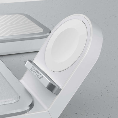 15W Wireless Qi Charger with 3 spots to recharge your iPhone, AirPods, and Apple Watch simultaneously. Raptic Trio in white. 
