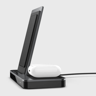 10W Wireless Qi Charger with 2 spots to recharge your iPhone and AirPods simultaneously. Raptic Duo in black. 