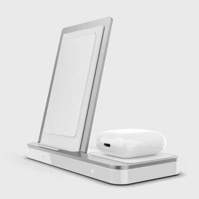 10W Wireless Qi Charger with 2 spots to recharge your iPhone and AirPods simultaneously. Raptic Duo in white.