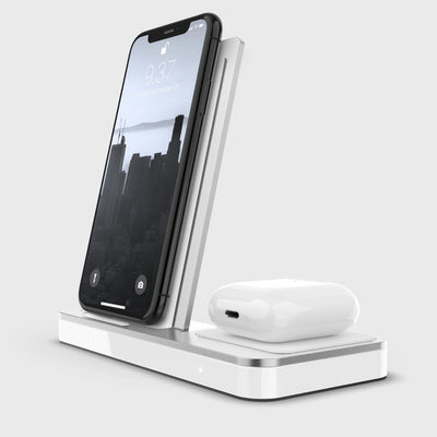 10W Wireless Qi Charger with 2 spots to recharge your iPhone and AirPods simultaneously. Raptic Duo in and white.