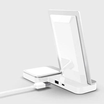 10W Wireless Qi Charger with 2 spots to recharge your iPhone and AirPods simultaneously. Raptic Duo in and white.