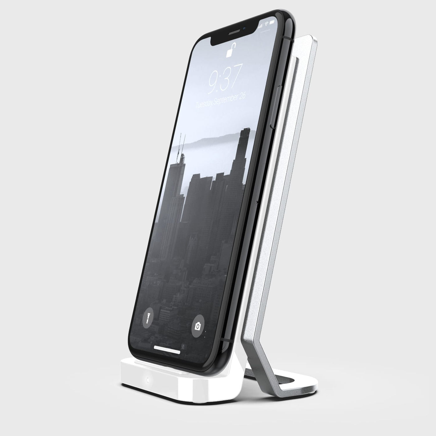 10W Wireless Qi Charger with to recharge your iPhone vertically or horizontally. Raptic Vertical in white. 